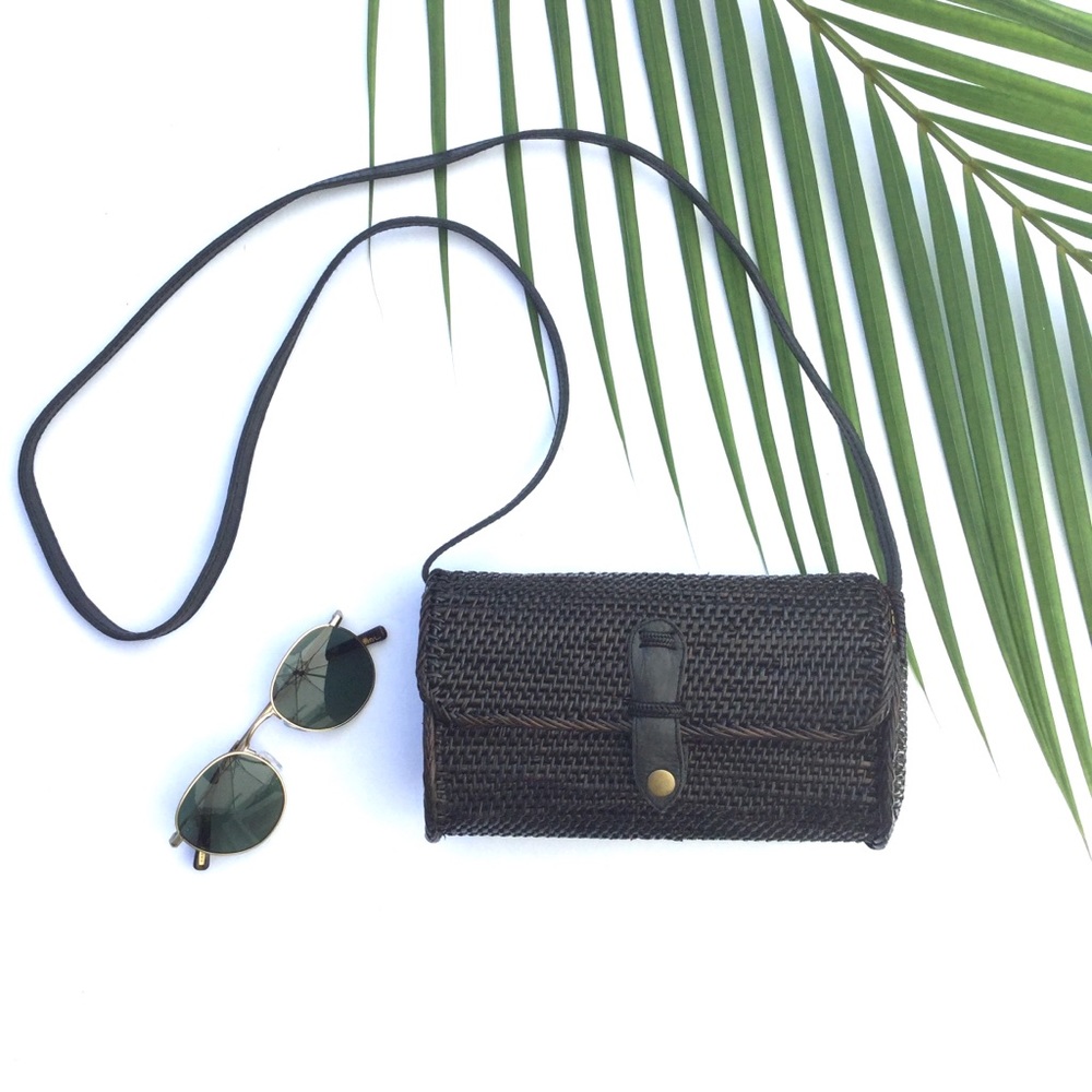 Rare Black Rectangle Woven Straw Bali Bag / Clutch